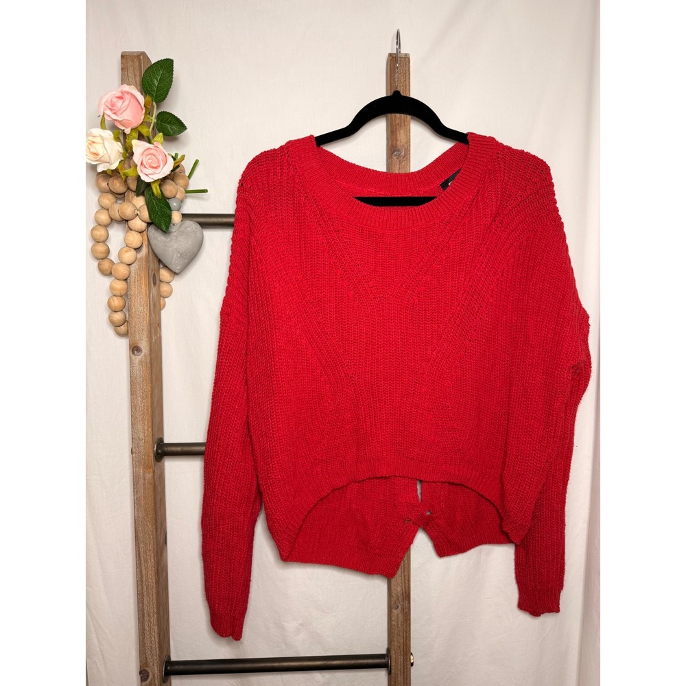 Express Womens Red Shaker Knit Open Cable Back Cropped Sweater Medium